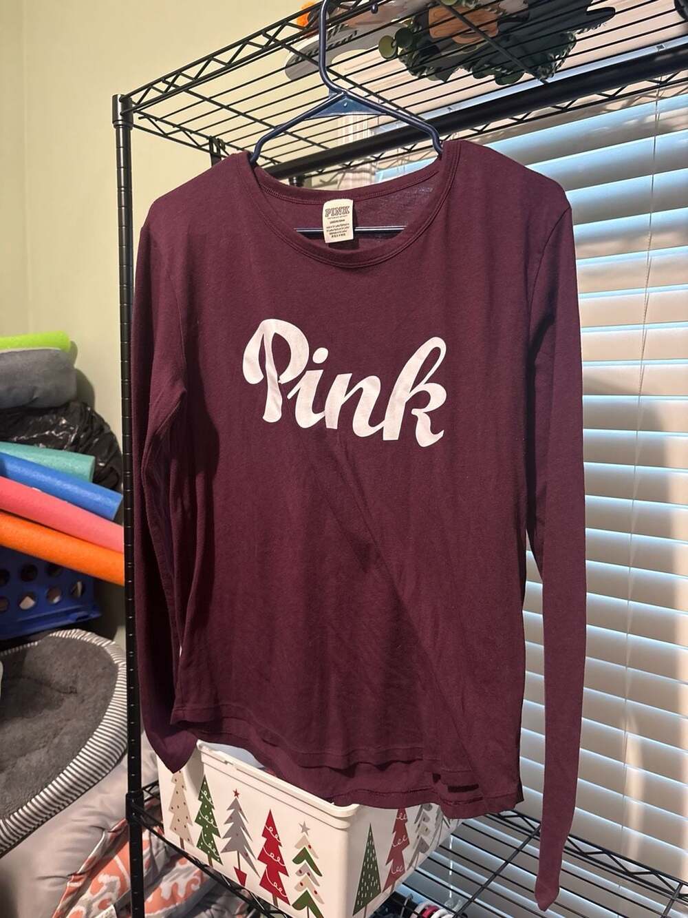 Victoria's Secret PINK Logo Long Sleeve Crew Neck T-Shirt Burgundy Maroon Large